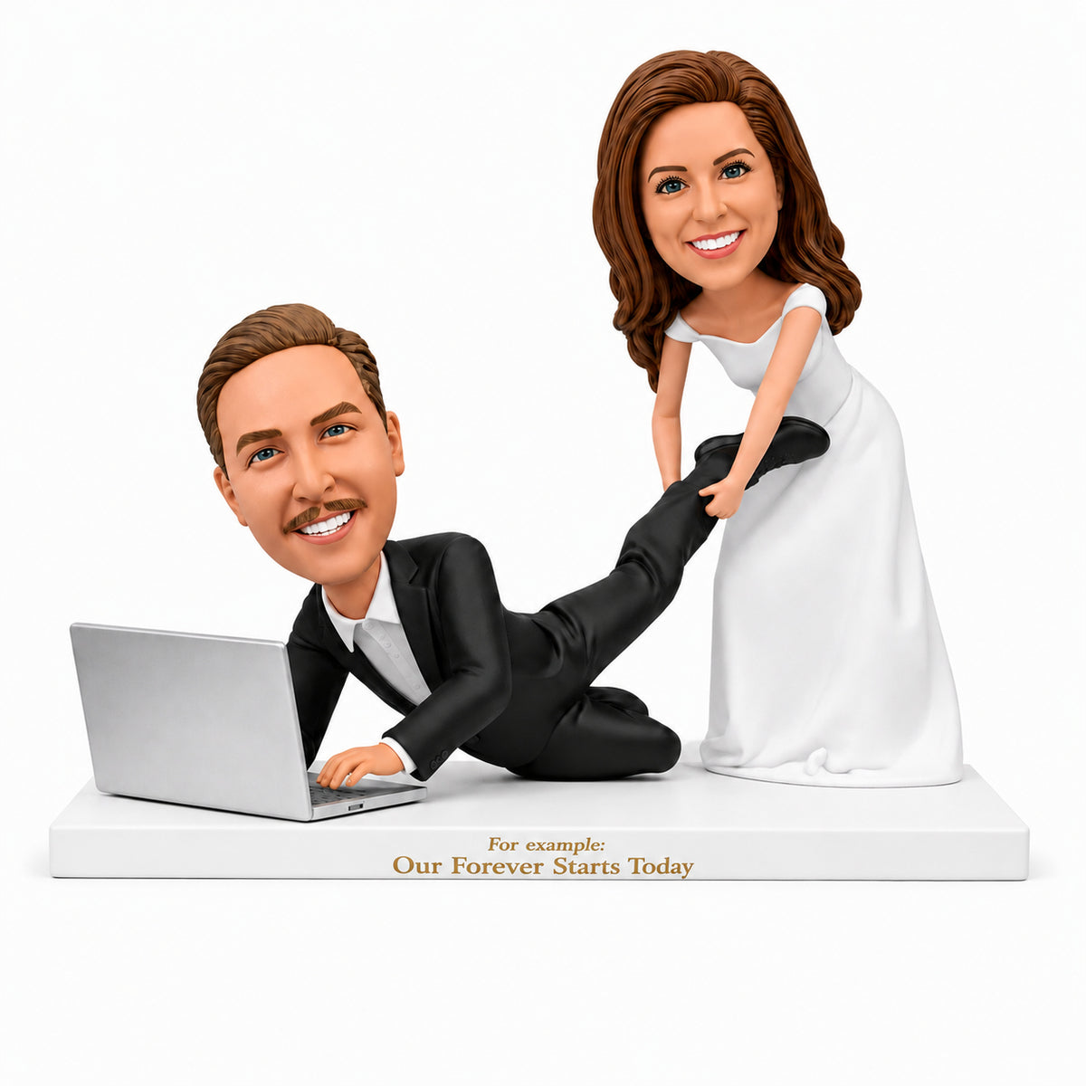 Custom Bride & Groom Bobblehead Cake Topper – Bride Pulling Groom from Laptop | Customize Any Outfit & Pose