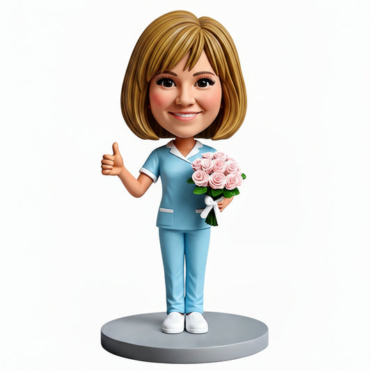 Nurse Graduate Holding Flowers Custom Bobbleheads - Perfect Gift for Nurse - Customizable Pose & Outfit