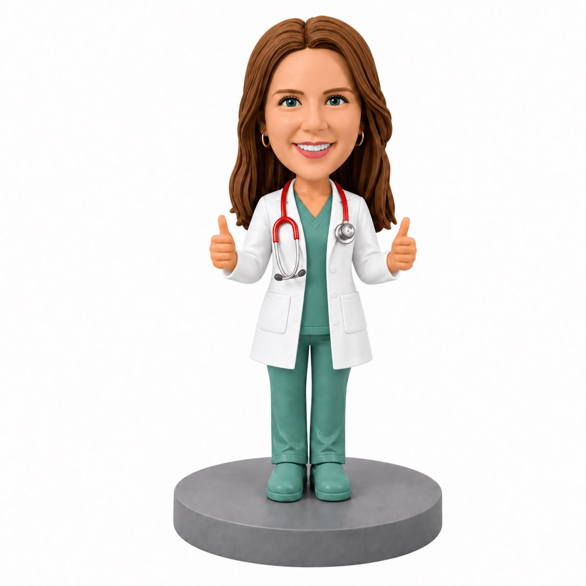 Custom Female Doctor Bobblehead in Green Surgical Scrubs - Customizable Medical Attire & Pose