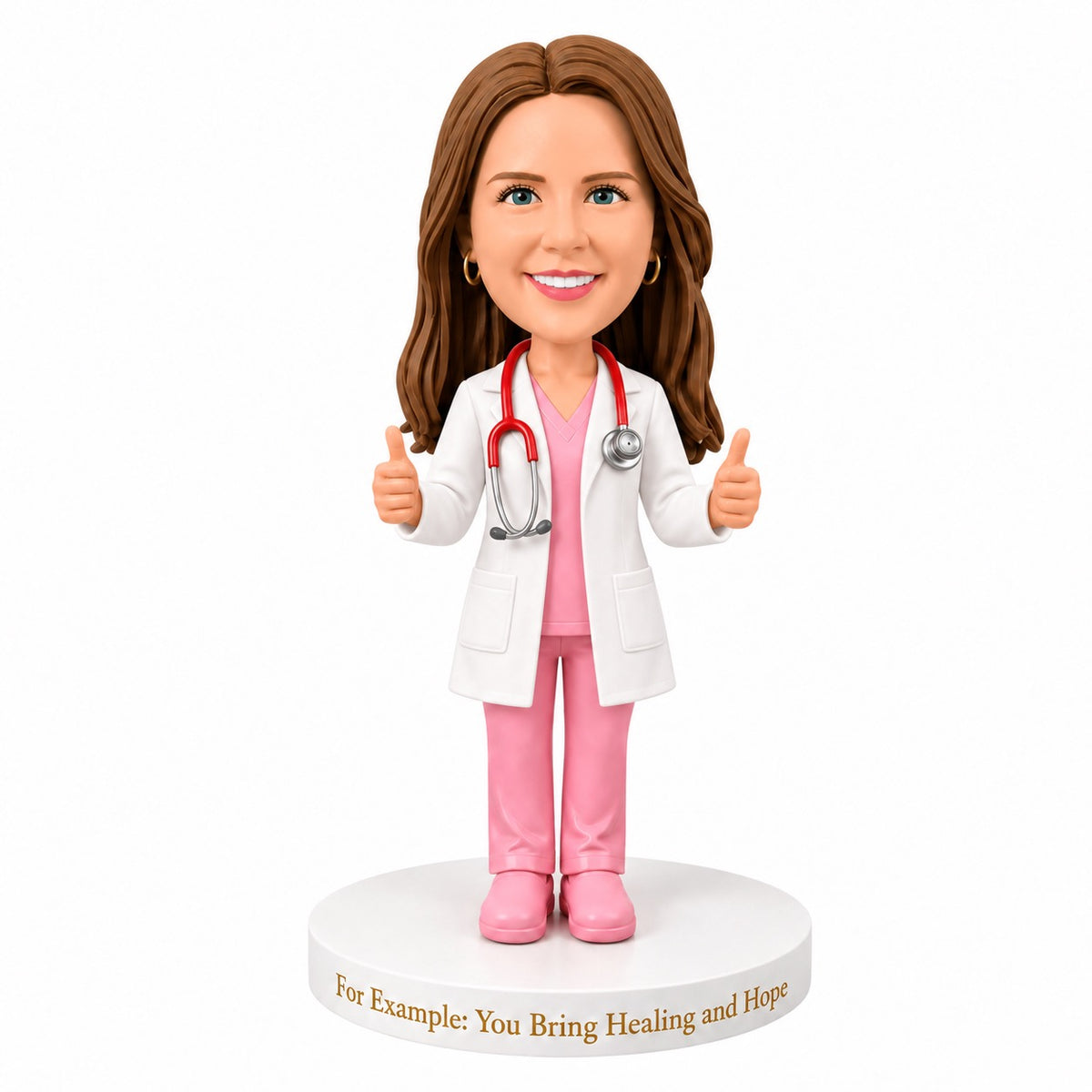 Custom Female Doctor Bobblehead in Pink Surgical Scrubs - Customizable Medical Attire & Pose