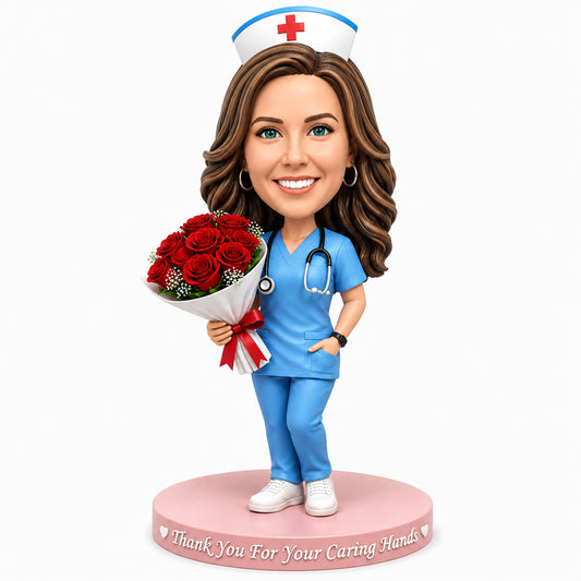 Custom Nurse Bobblehead with Flowers – Customizable Medical Attire & Pose