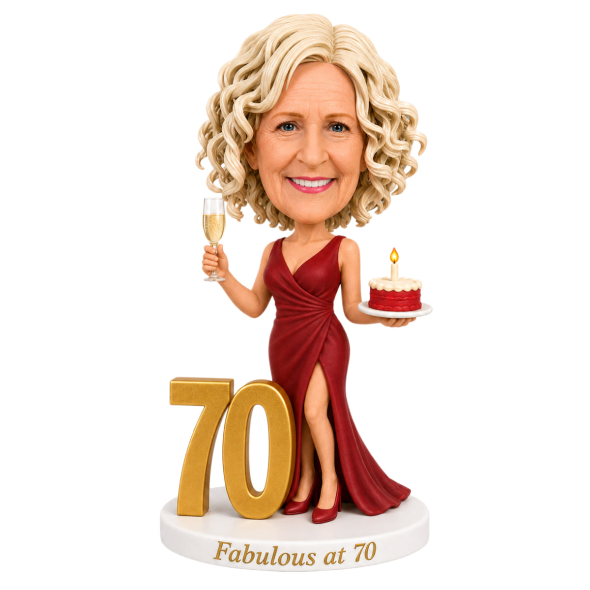 Cheers to 70 –- Custom 70th Birthday Bobblehead for Her – Customizable Any Outfit & Pose