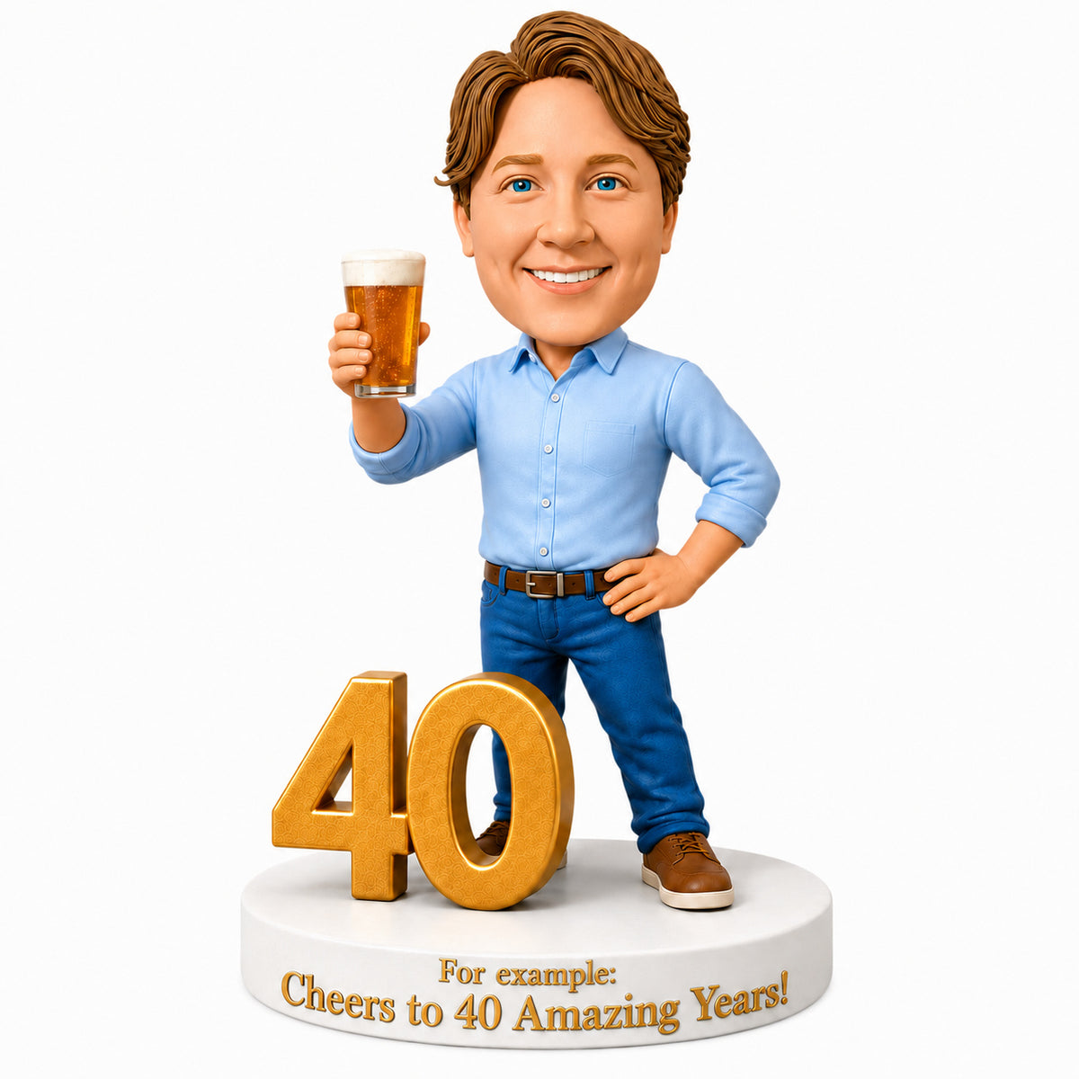 Custom 40th Birthday Bobblehead for Men Holding a Beer –- Customizable Any Outfit & Pose