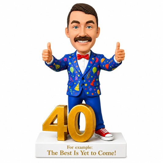 Custom 40th Birthday Bobblehead for Men in a Party Suit –- Optional Outfit & Pose Customization
