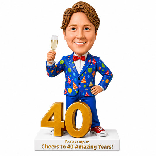 Custom 40th Birthday Bobblehead Gift for Men with Champagne -– Customizable Any Outfit & Pose