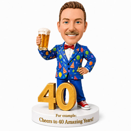 Custom 40th Birthday Bobblehead for Men in a Party Suit –– Customizable Any Outfit & Pose