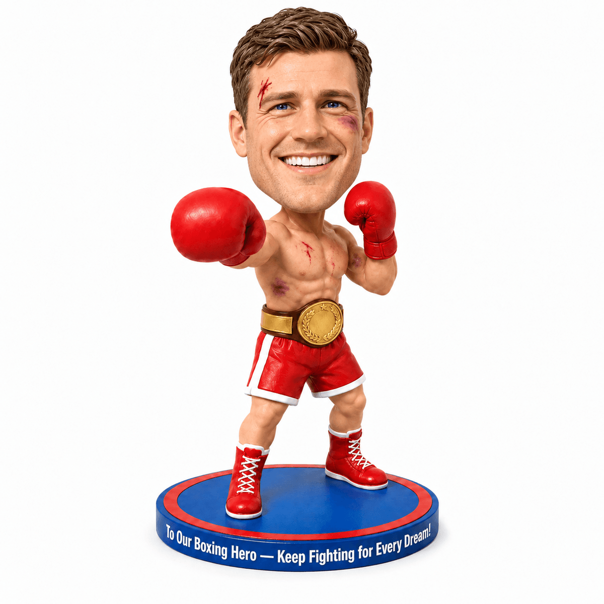 Custom Boxer Bobbleheads with Championship Belt –- Customizable Boxing Attire & Pose