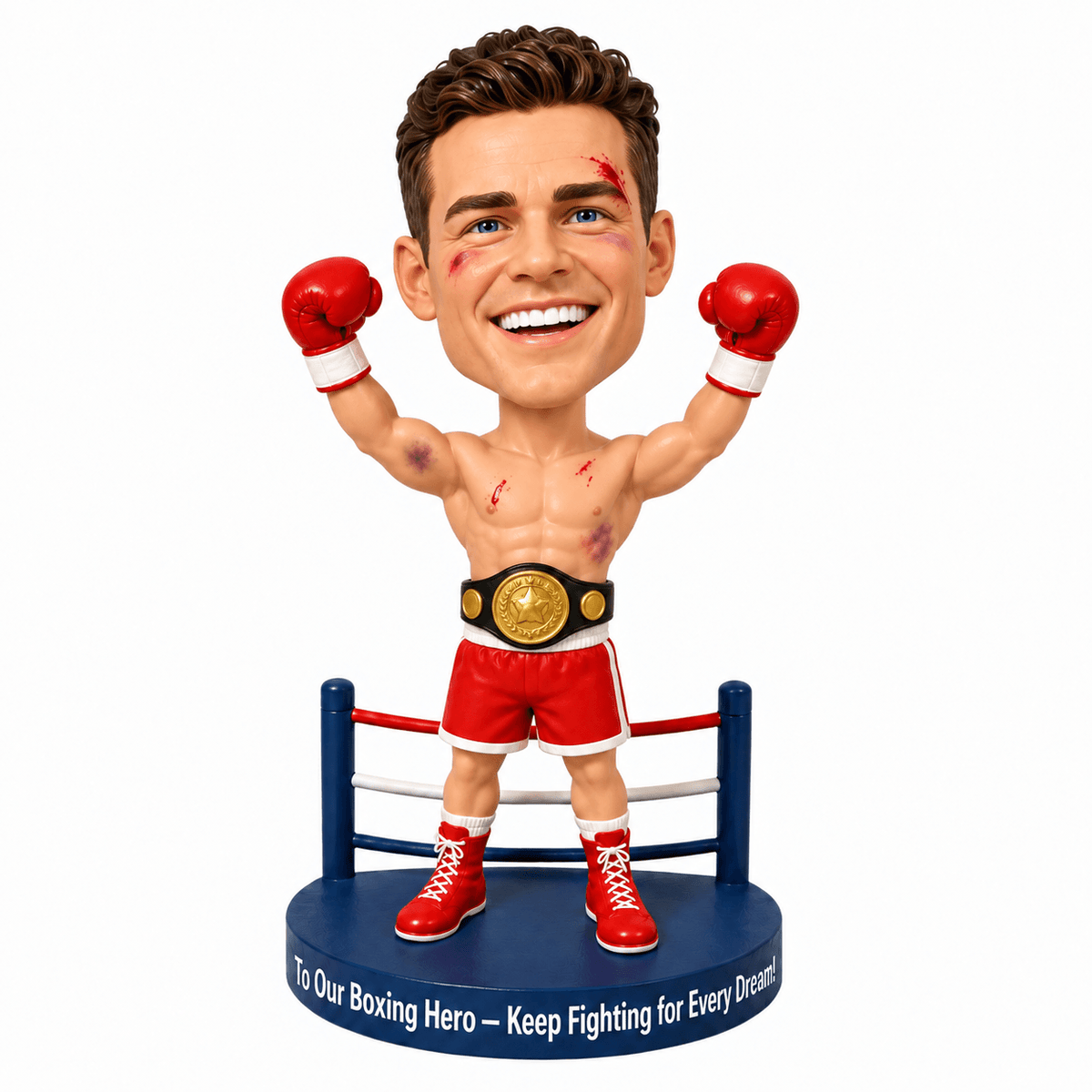 Custom Boxing Champion Bobbleheads with Boxing Ring Base – Customizable Boxing Attire & Pose