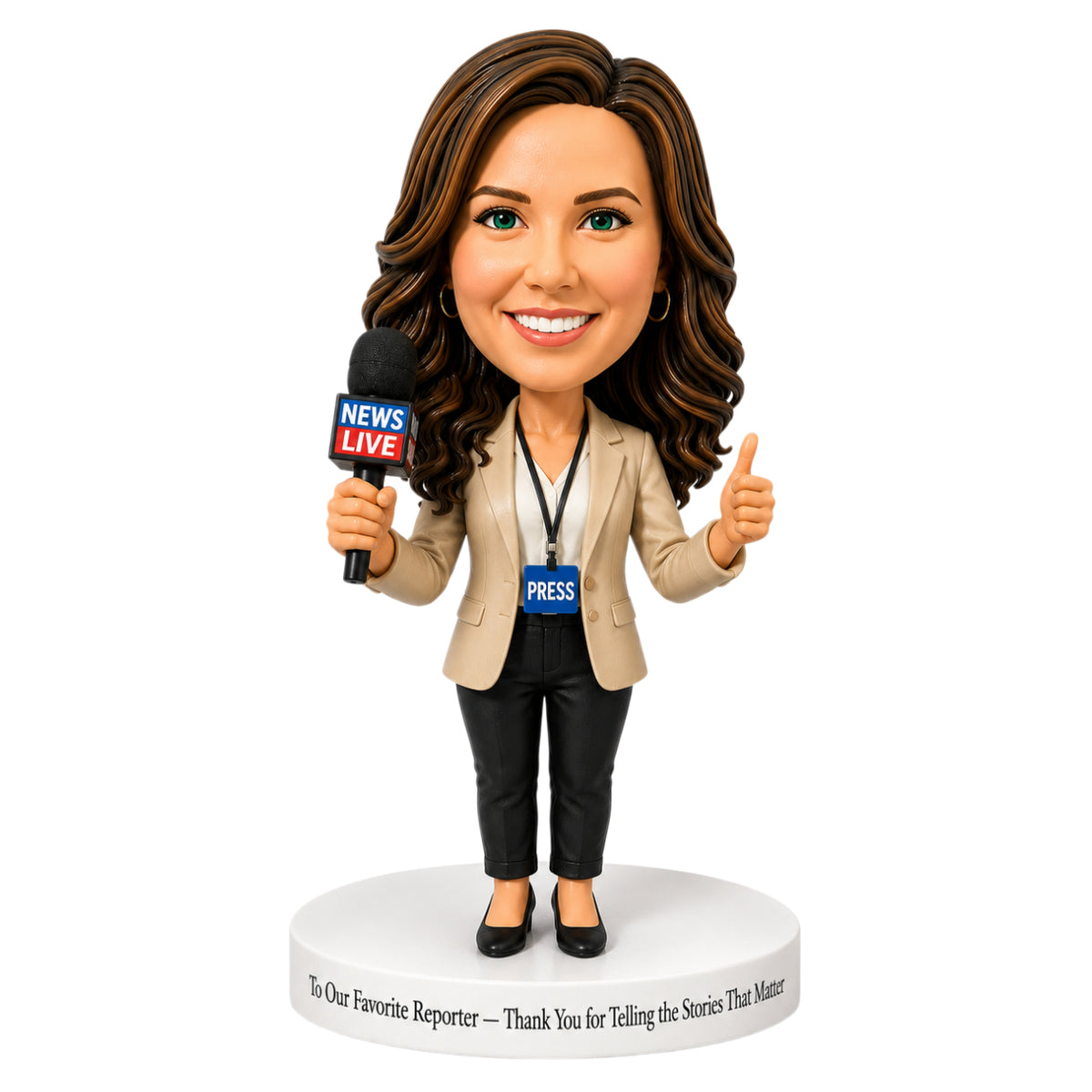 Custom Female Journalist Bobbleheads – Customizable Outfit & Pose