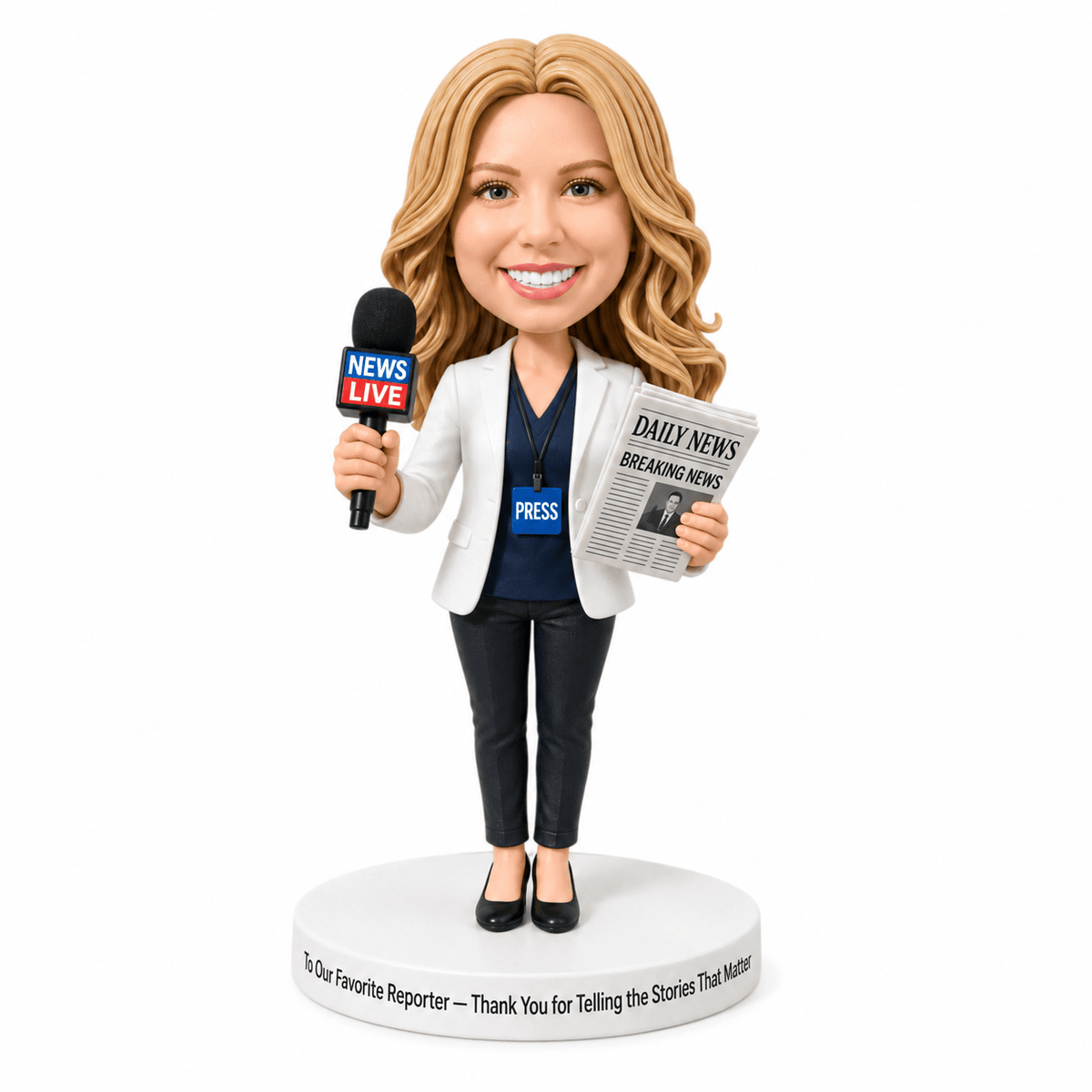 Custom Female Journalist Bobbleheads –- Customizable Outfit & Pose