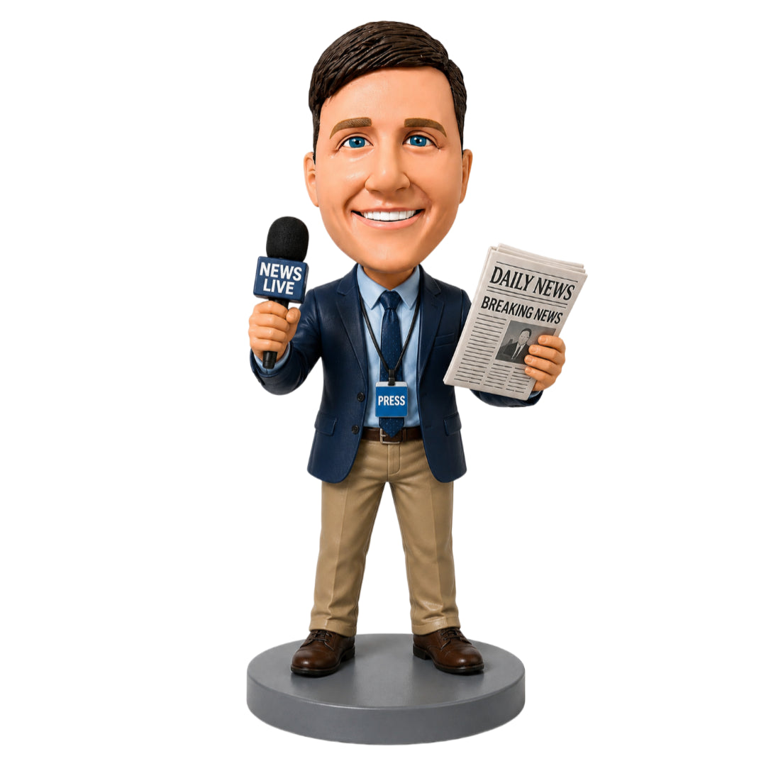 Custom Male Journalist Bobbleheads – Customizable Outfit & Pose