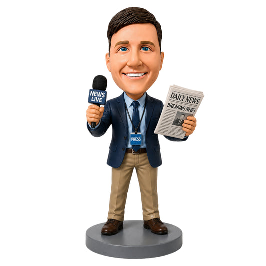 Custom Male Journalist Bobbleheads – Customizable Outfit & Pose