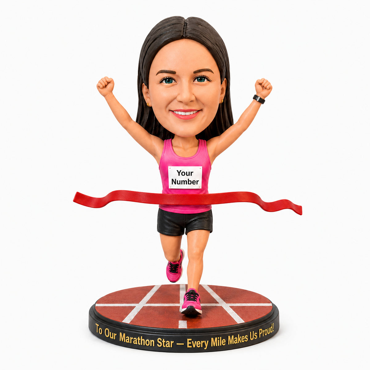 Custom Female Marathon Runner Bobbleheads – Customizable Outfit & Race Bib Number
