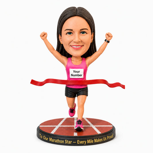 Custom Female Marathon Runner Bobbleheads – Customizable Outfit & Race Bib Number