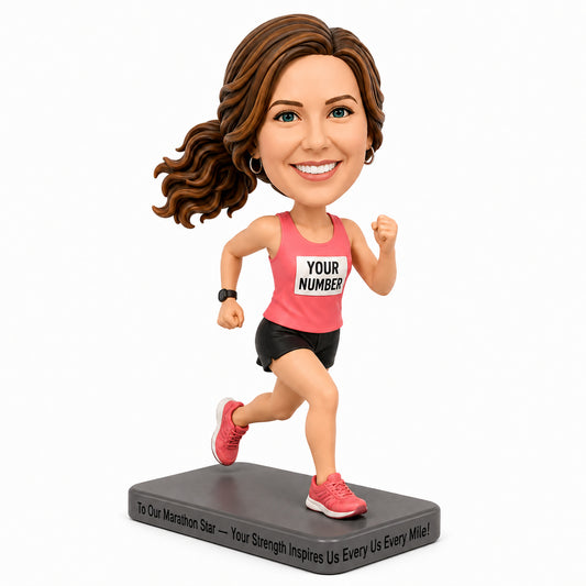 Custom Female Marathon Runner Bobbleheads –-- Customizable Outfit & Race Bib Number