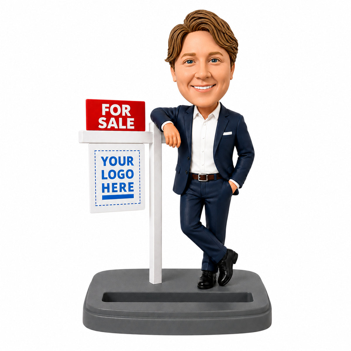 Custom Realtor Bobblehead – Customize the Real Estate Company Logo and Outfit (Optional)