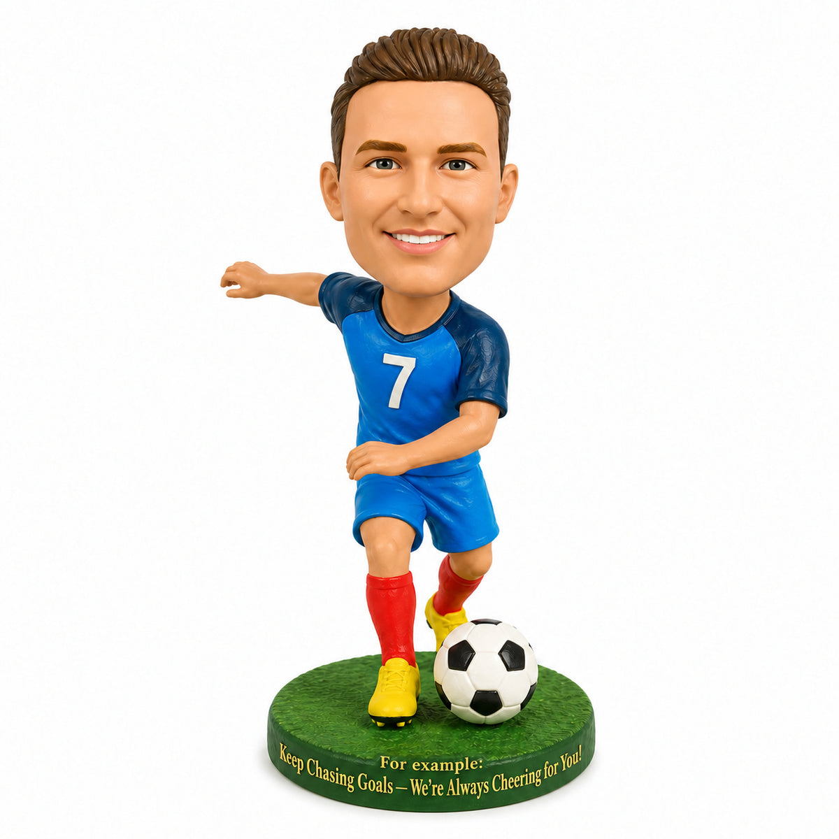 Custom Male Soccer Player Bobbleheads with Soccer Ball – Customizable Soccer Uniform & Pose