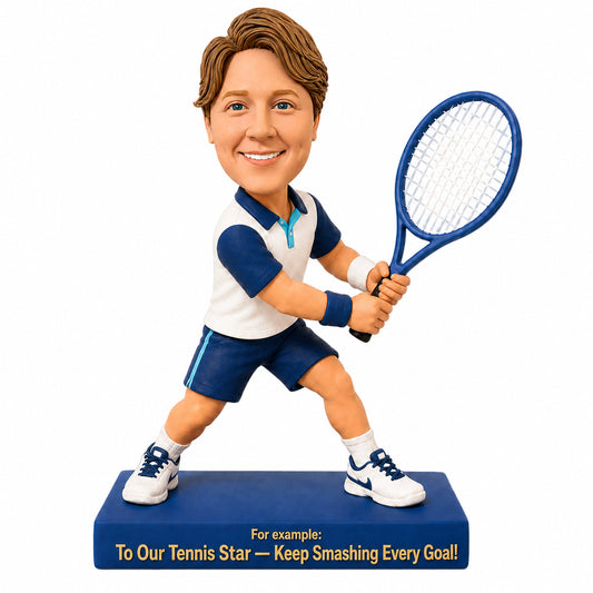Custom Male Tennis Player Bobblehead –- Customizable Outfit & Pose