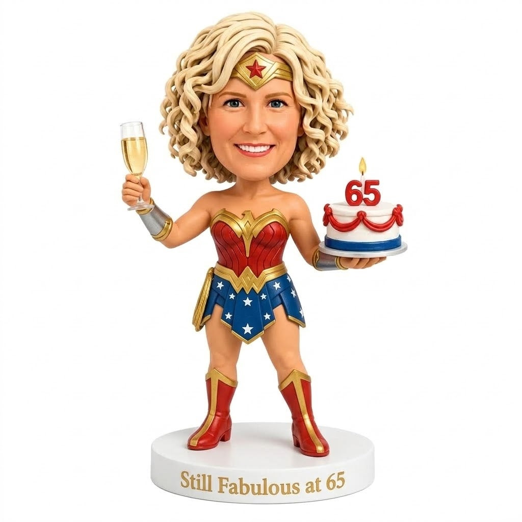 Custom 65th Birthday Superhero Bobblehead for Her – Customizable Any Outfit & Pose