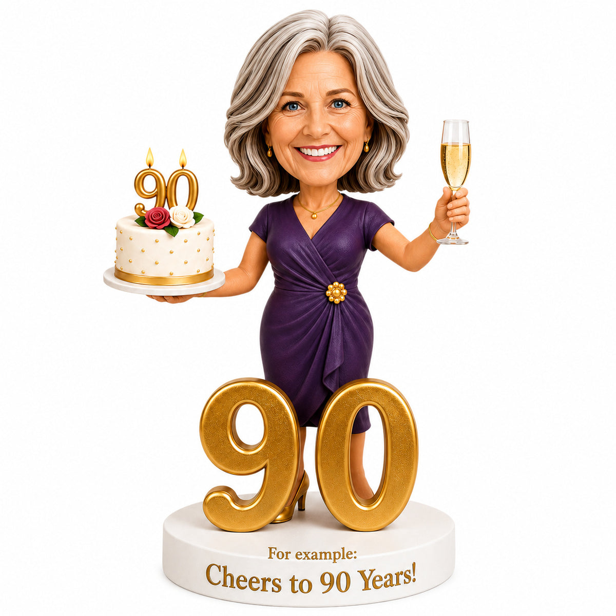 Cheers to 90 – Custom 90th Birthday Bobblehead for Her – Customizable Any Outfit & Pose