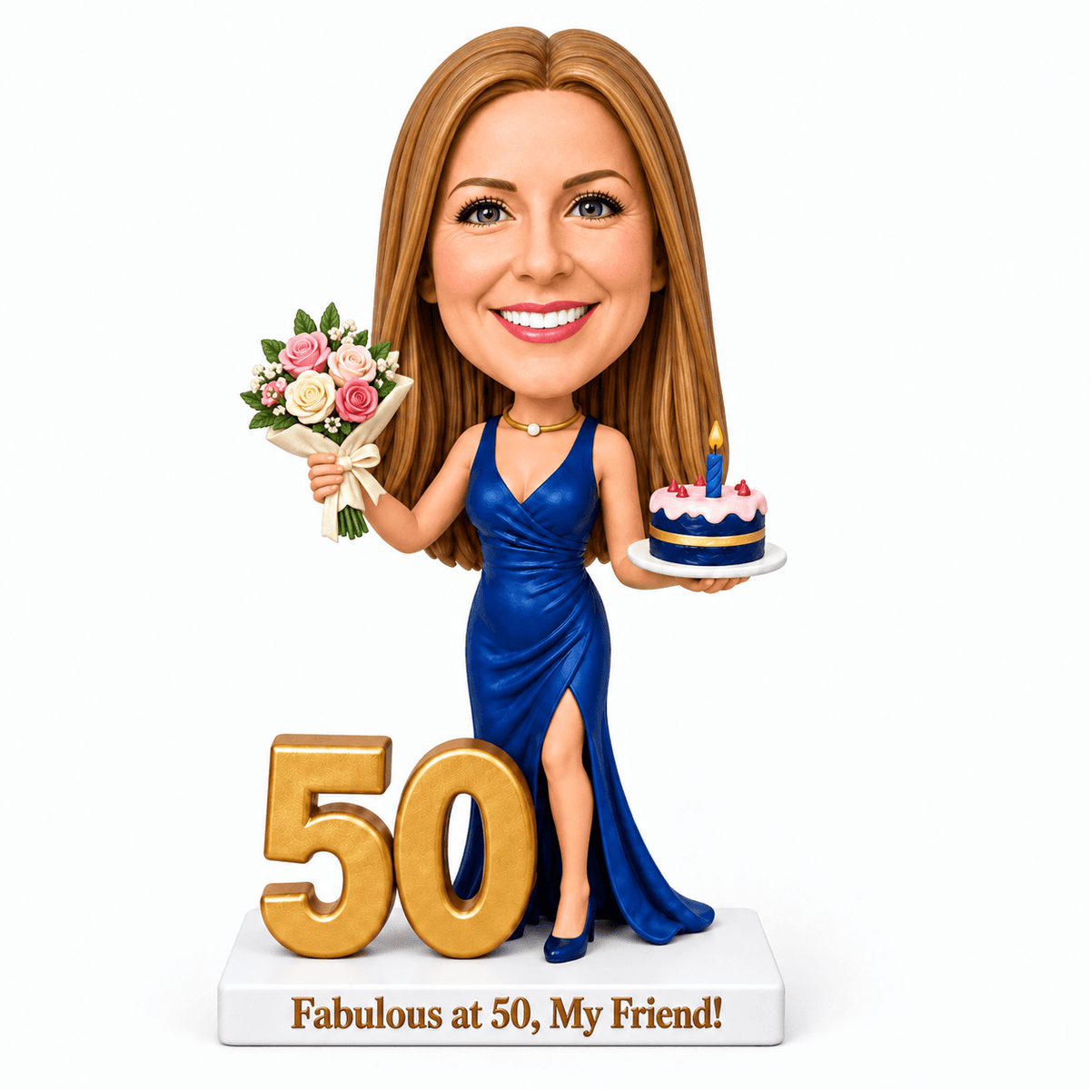 Custom 50th Birthday Bobblehead for Her –- Customizable Any Outfit & Pose