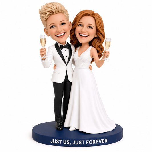 Lesbian Wedding Gifts – Custom Lesbian Couple Bobbleheads with Champagne | Customize Any Outfit & Pose