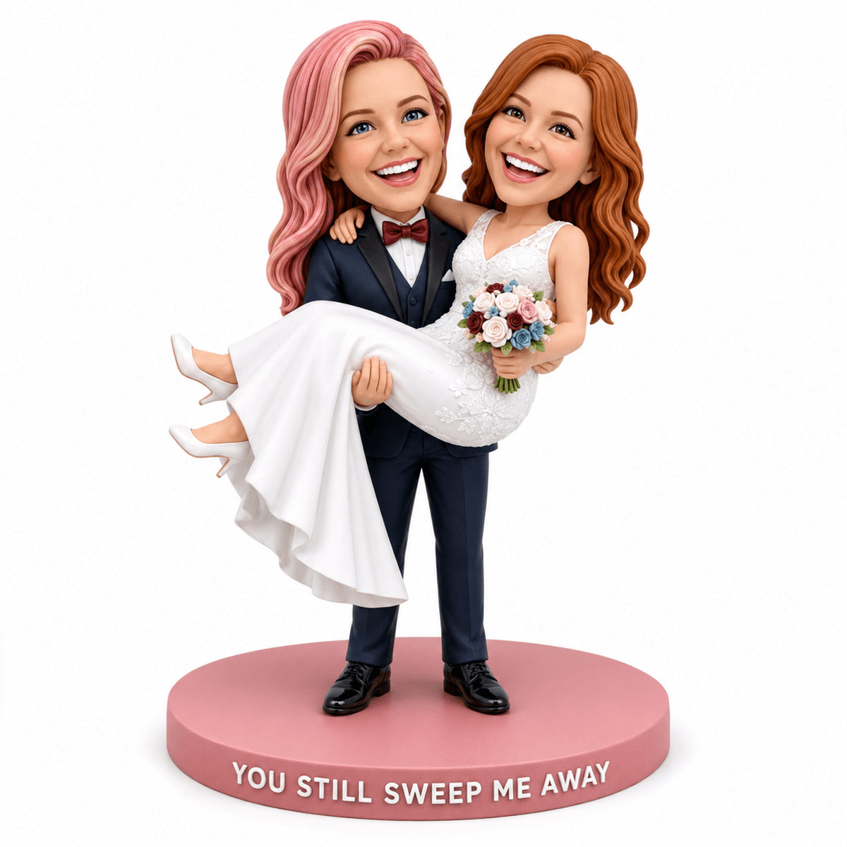 Lesbian Wedding Gifts – Custom Lesbian Couple Bobbleheads in Bridal Carry Pose | Customize Any Outfit & Pose