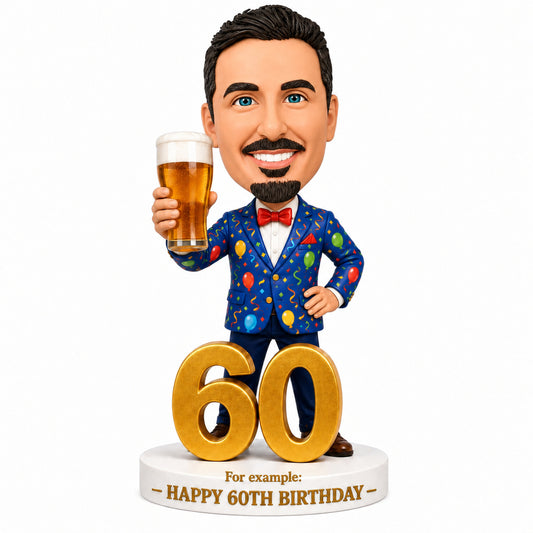 Custom 60th Birthday Bobblehead for Men Holding a Beer –- Customizable Any Outfit & Pose