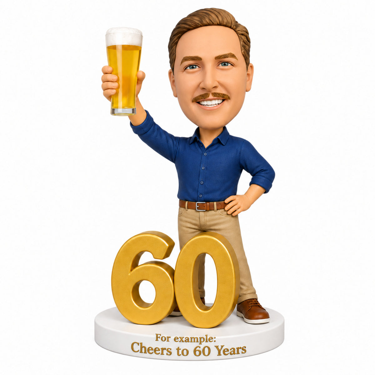 Custom 60th Birthday Bobblehead for Men Holding a Beer –- Customizable Any Outfit & Pose