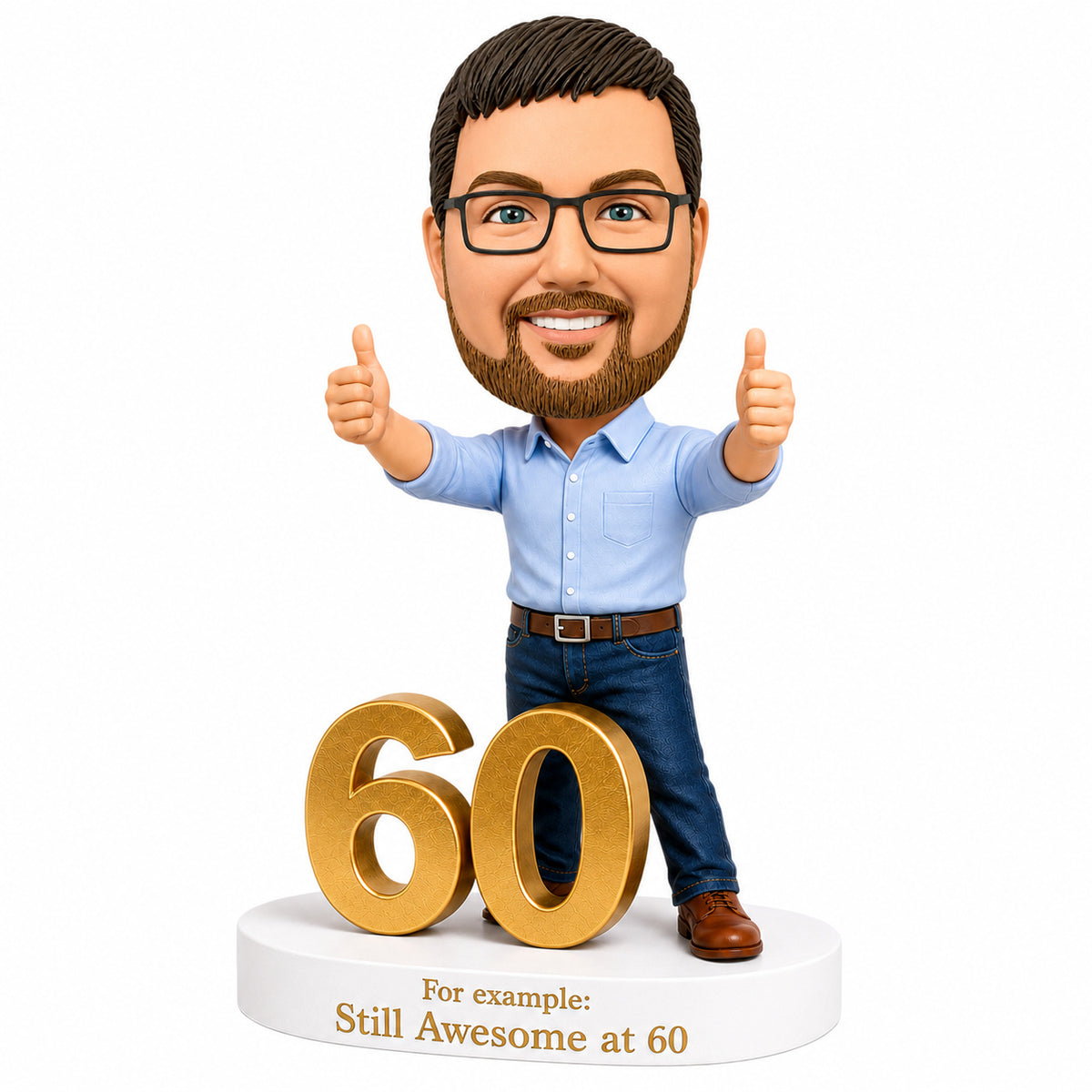 Custom 60th Birthday Bobblehead for Men Giving Two Thumbs Up –— Customizable Any Outfit & Pose