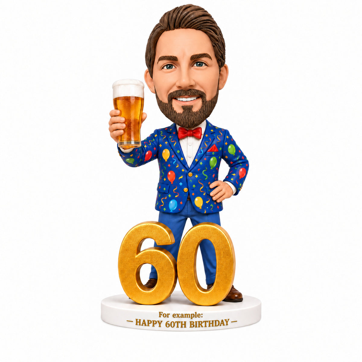 Custom 60th Birthday Bobblehead for Men Holding a Beer –-- Customizable Outfit & Pose