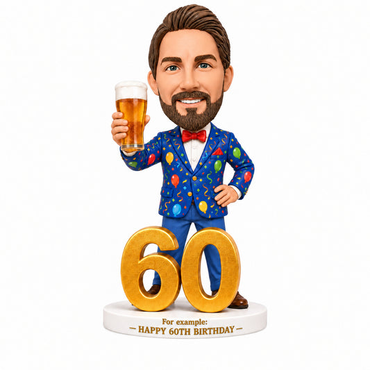 Custom 60th Birthday Bobblehead for Men Holding a Beer –-- Customizable Outfit & Pose