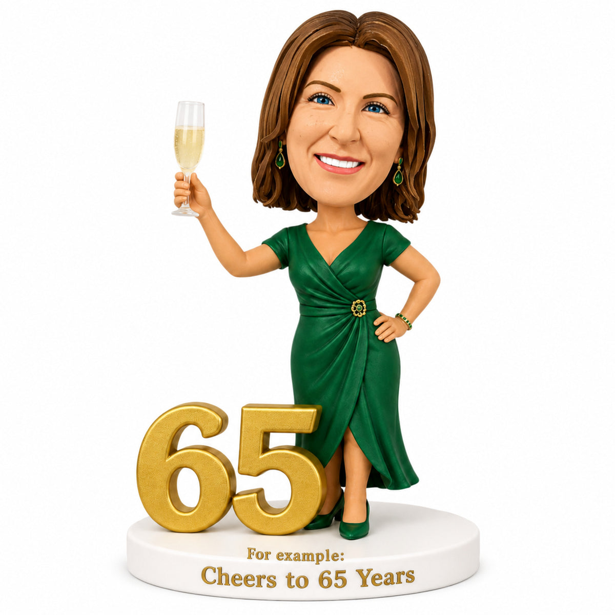 Cheers to 65 –- Custom 65th Birthday Bobblehead for Her – Customizable Any Outfit & Pose