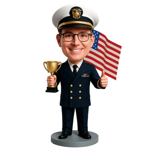 Navy Retirement Gift - Custom Bobbleheads - Naval Officer Holding Trophy