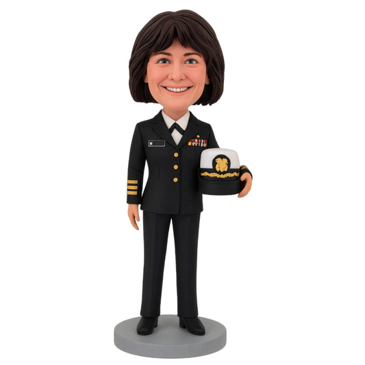 Custom Navy Officer Bobblehead – Personalized Female Military Figurine in Uniform with Cap