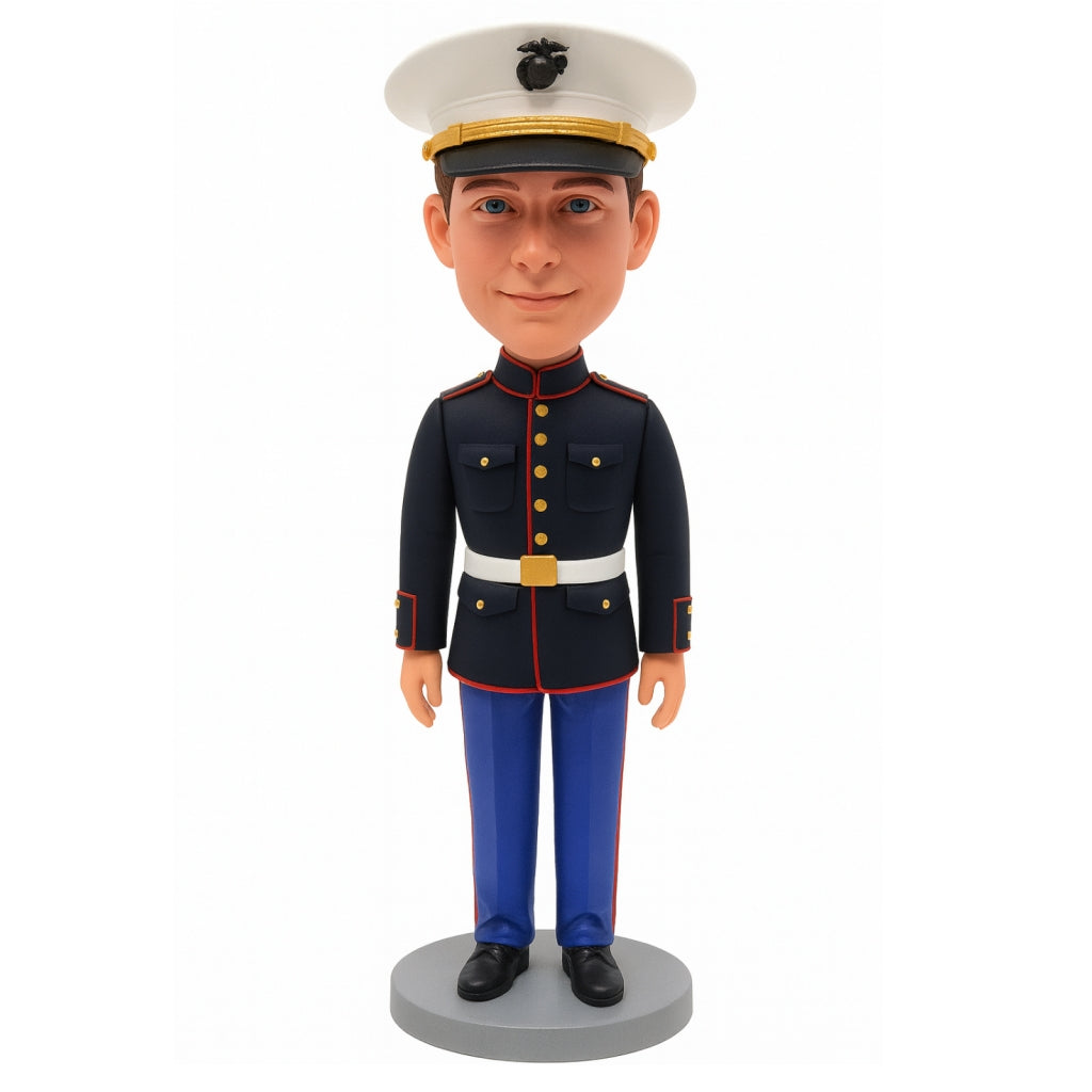 Custom Marine Corps Bobblehead – Personalized Male Military Figurine in Dress Blue Uniform
