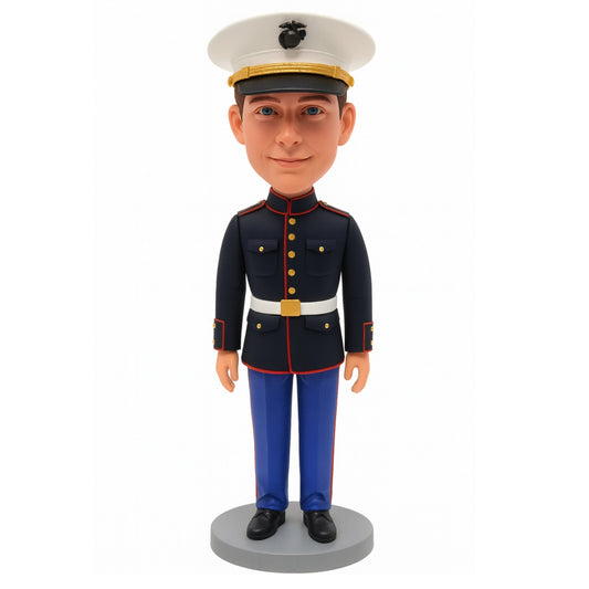 Custom Marine Corps Bobblehead – Personalized Male Military Figurine in Dress Blue Uniform