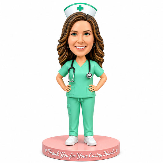 Custom Nurse Bobblehead in a Green Uniform – Customizable Medical Attire & Pose
