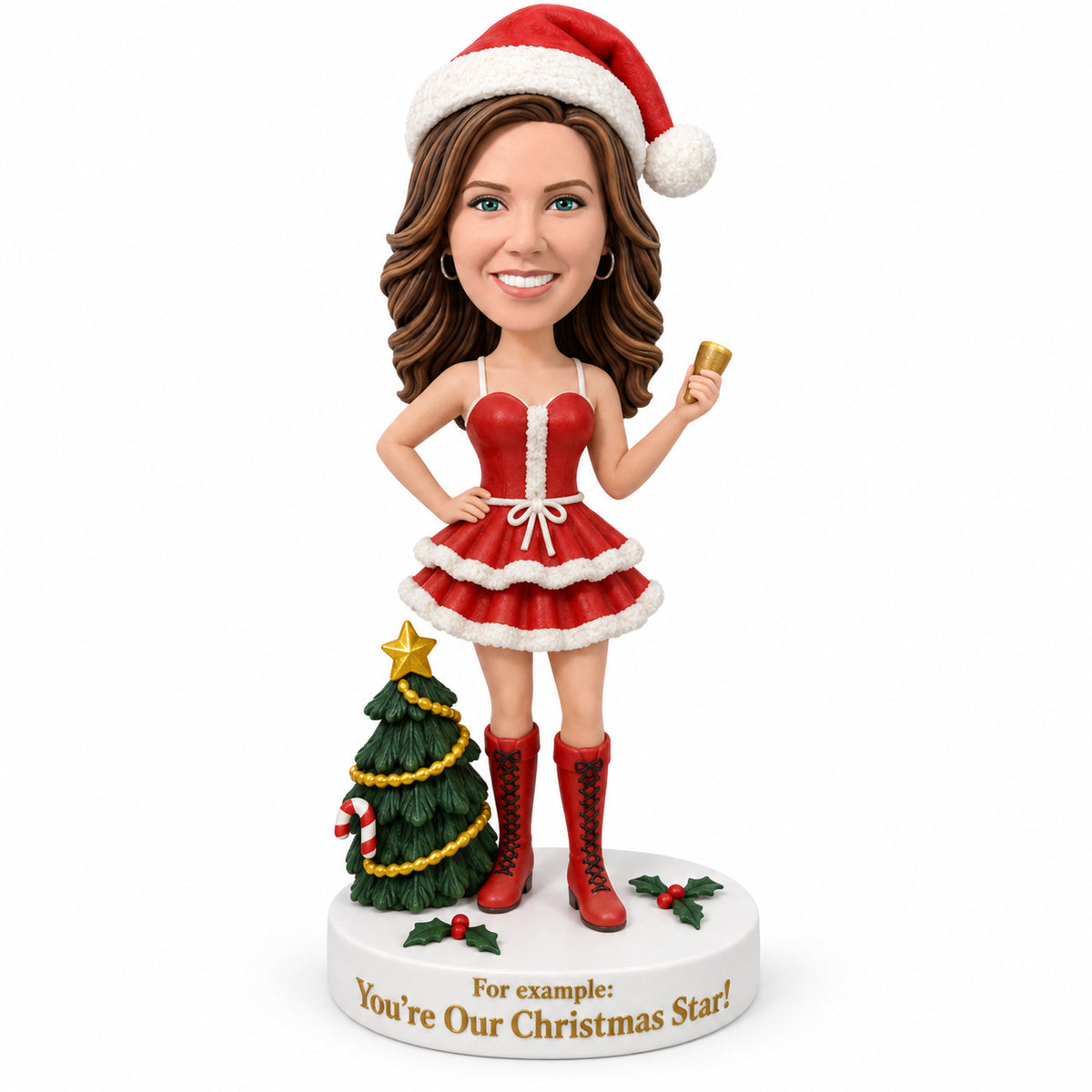 Custom Female Santa Bobbleheads with Christmas Tree – Customizable Outfit & Pose