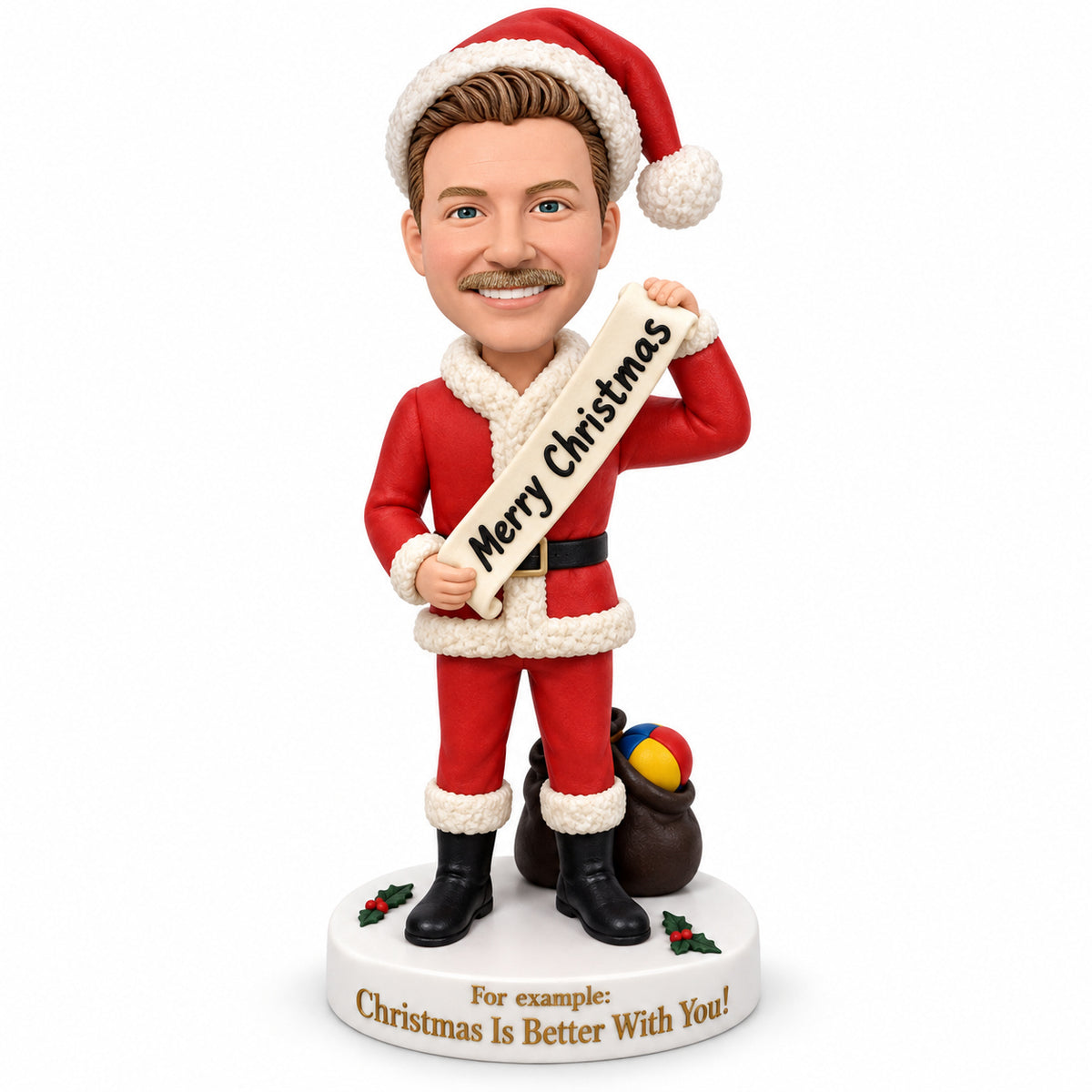 Custom Santa Claus Bobbleheads with Merry Christmas Sign – Customizable Outfit & Pose