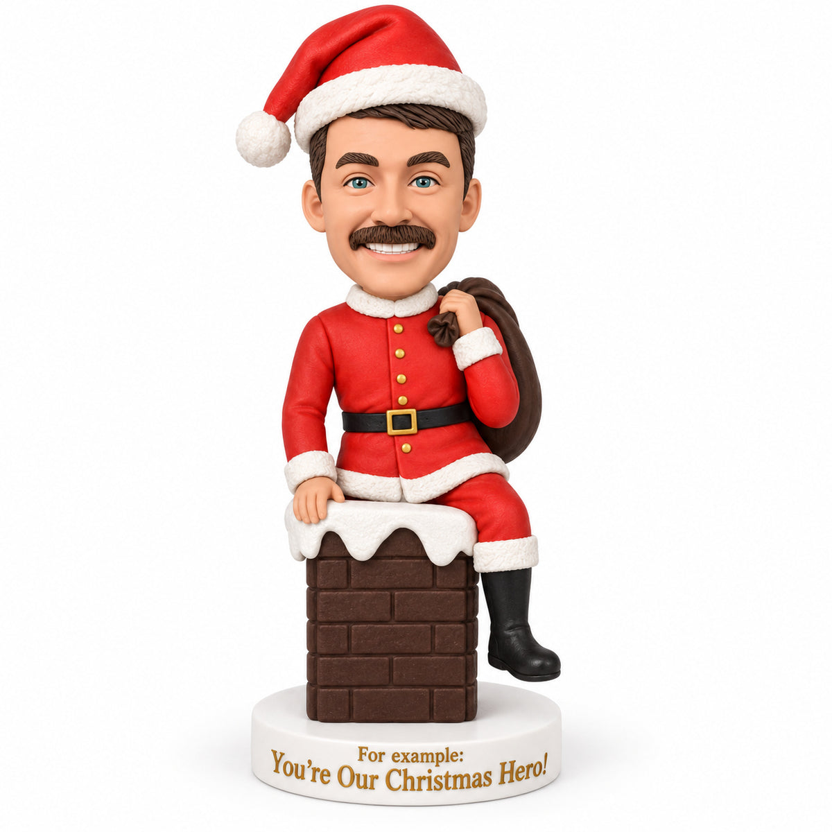 Custom Santa Claus Bobbleheads Sitting on a Chimney – Customizable Outfit & Pose
