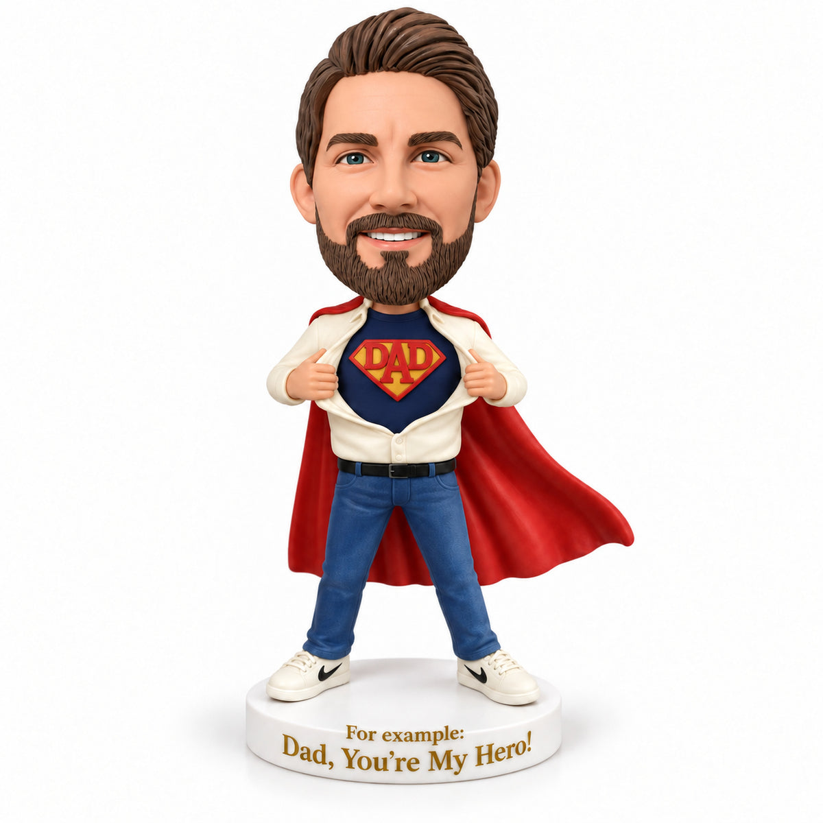 Custom Superhero Dad Bobbleheads with Cape – Customizable Outfit & Pose