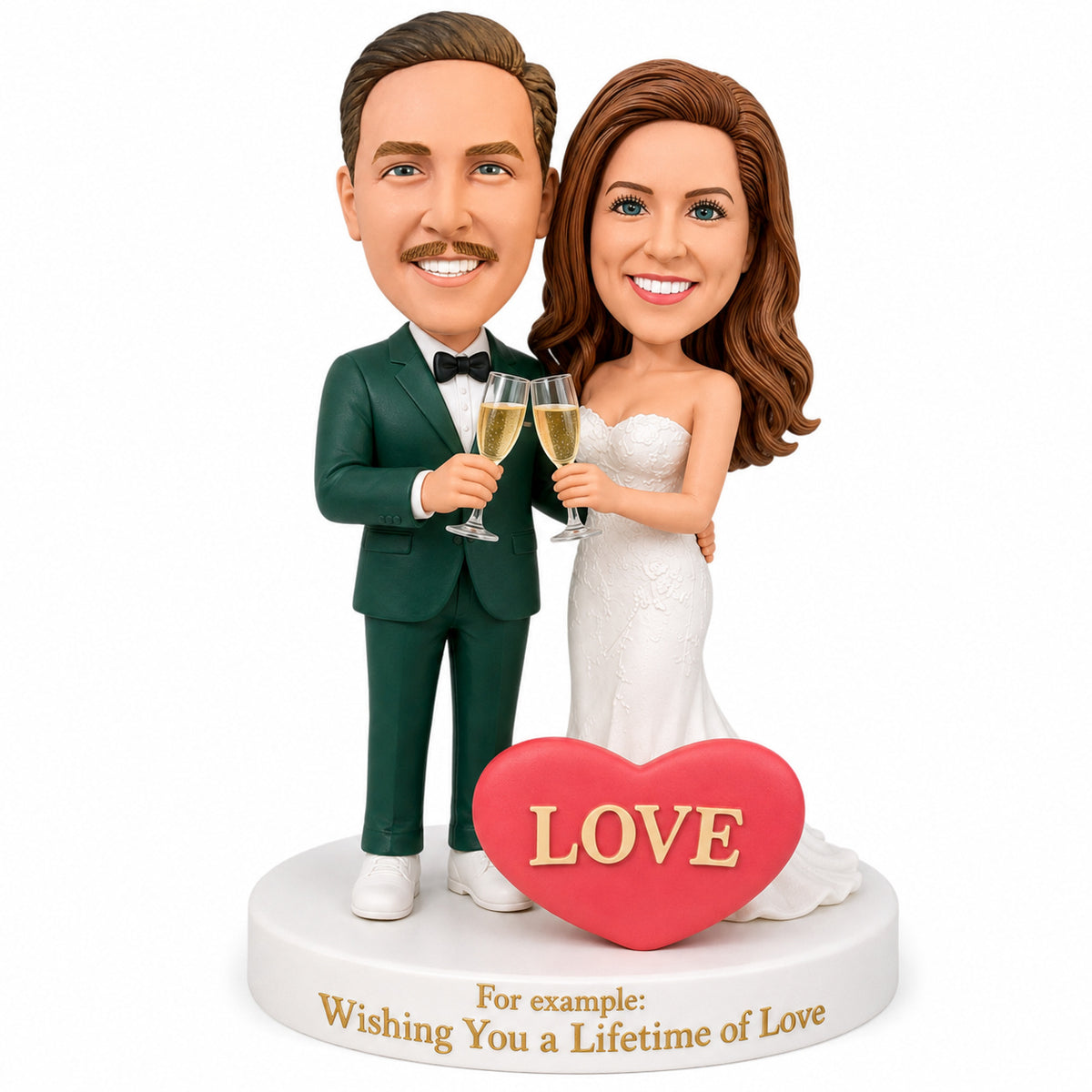 Custom Bride & Groom Bobblehead Wedding Gift – Champagne Toast with LOVE Heart | Customizable Any Outfit & Pose