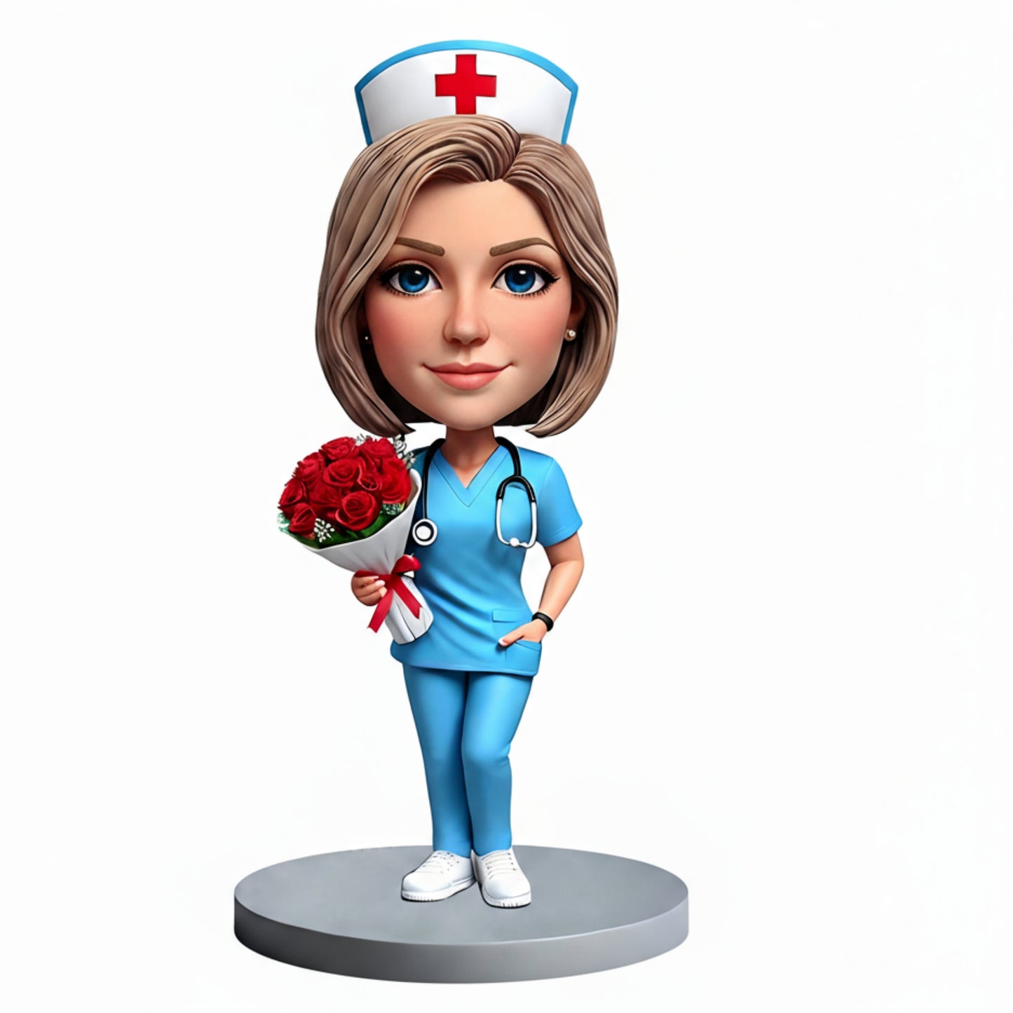 Female Nurse Holding Roses Custom bobbleheads| Perfect Gift for Nurse - Customizable Pose & Outfit