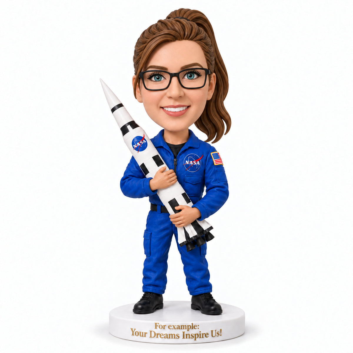 Custom Female NASA Astronaut Bobbleheads with Rocket – Customizable Flight Suit & Pose