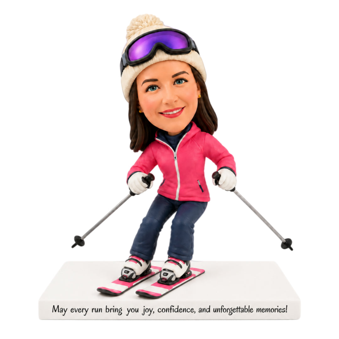 Custom Female Skier Bobbleheads – Customizable Outfit & Pose