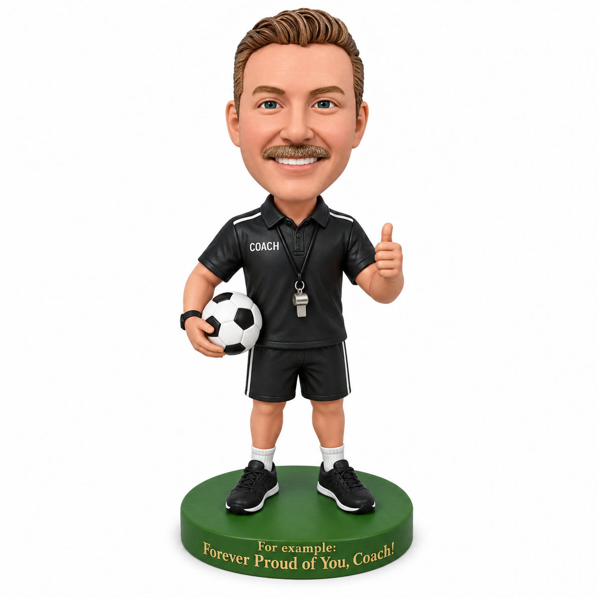 Custom Male Soccer Coach Bobbleheads – Customizable Outfit & Pose