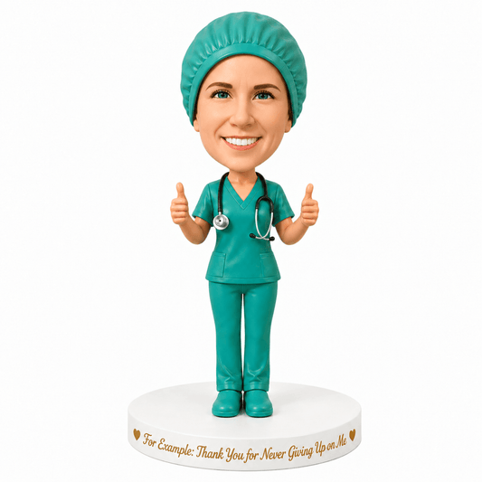 Custom Female Doctor Bobblehead in Surgical Scrubs - Customizable Medical Attire & Pose