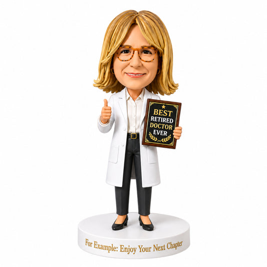 Custom Retired Female Doctor Bobblehead – Customizable Medical Attire & Pose