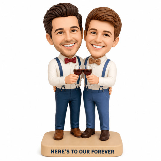 Wedding Gifts for Gay Men – Custom Gay Couple Bobbleheads in Wine Toast Pose | Customize Any Outfit & Pose